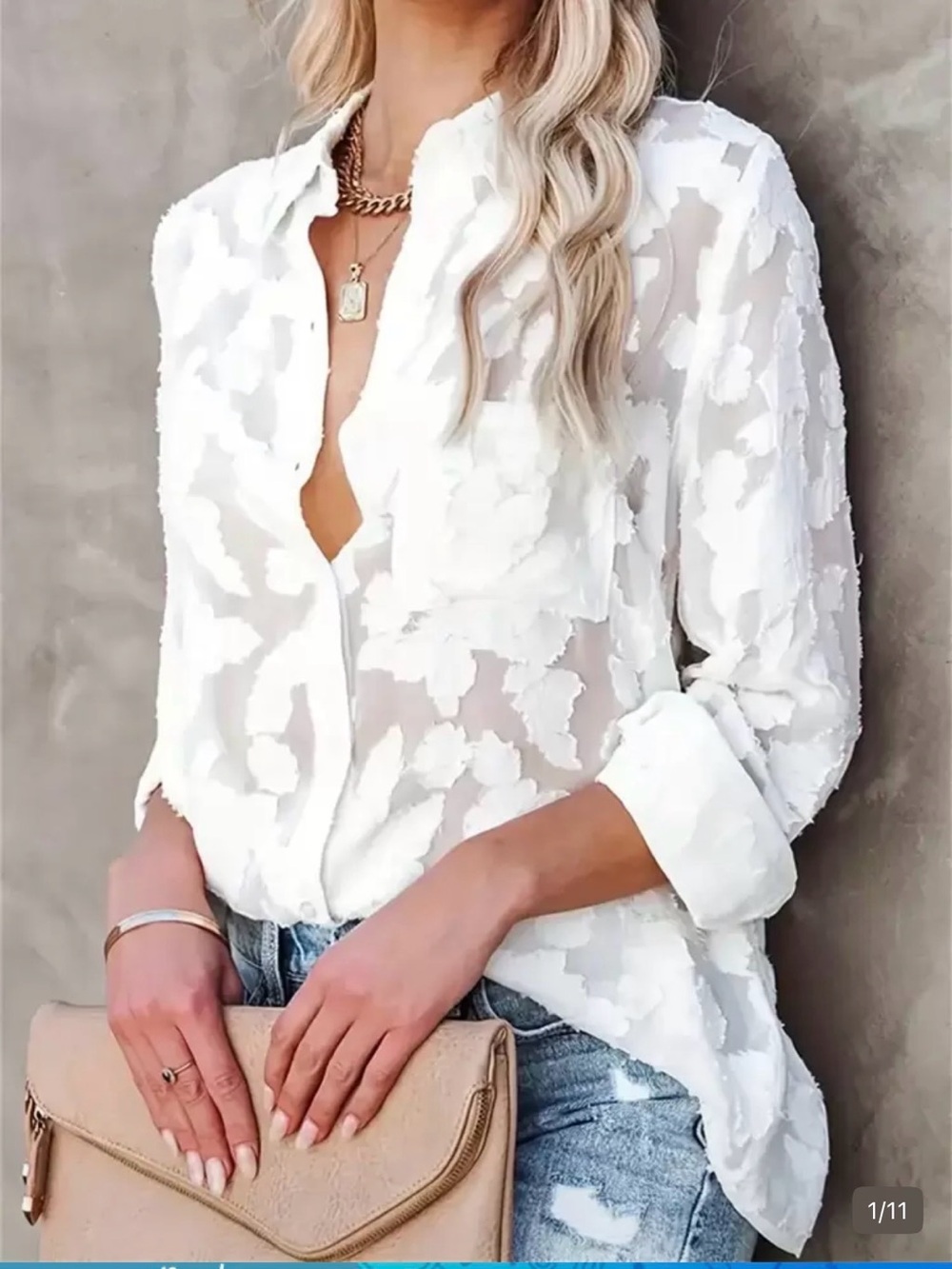 Women's White Floral Sheer Button-Up Blouse